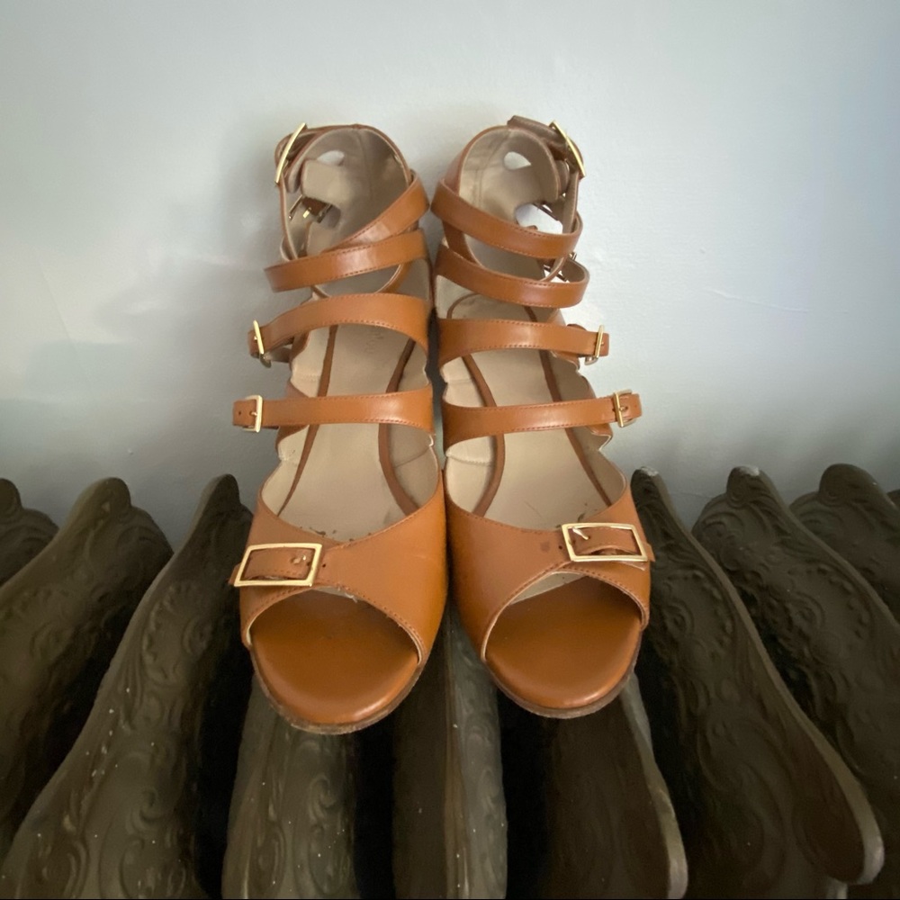 CHLOE Arce Tan Multi Strap Wedge Sandals 39.5